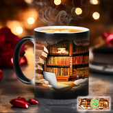 Caneca de Cerâmica Mágica com Efeito Térmico e Design de Estante de Livros
