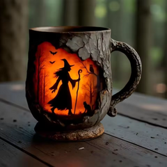 Caneca Artesanal 3D de Halloween – Design Encantador de Bruxa e Gato